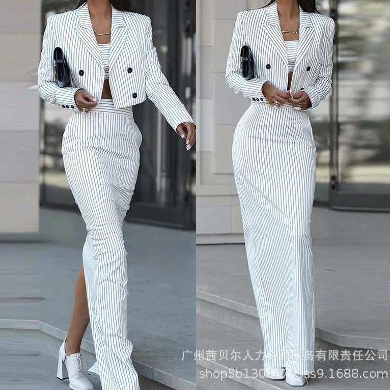 Winter Clothing Women Sale - Setelan Blazer bergaris, mantel & rok