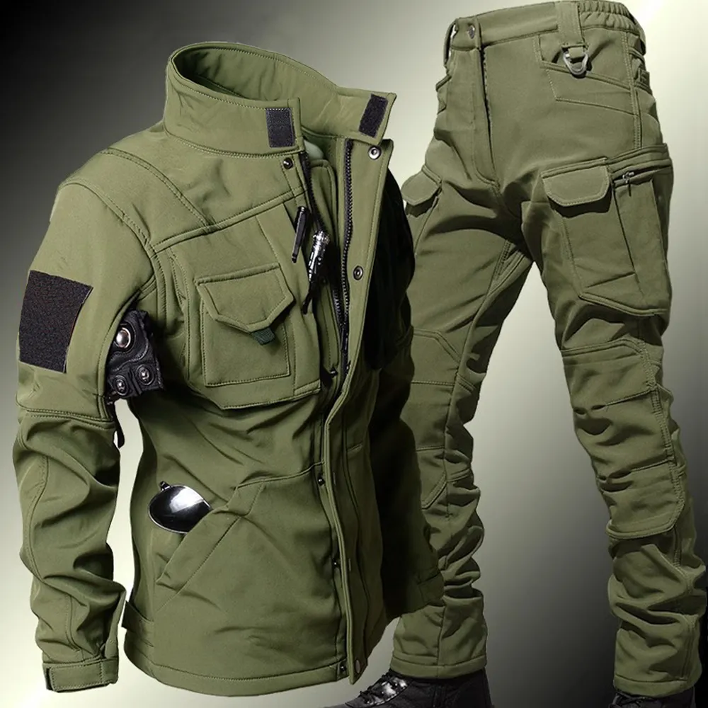 Windproof Jacket Softshell - Setelan taktis pria, celana kargo bulu