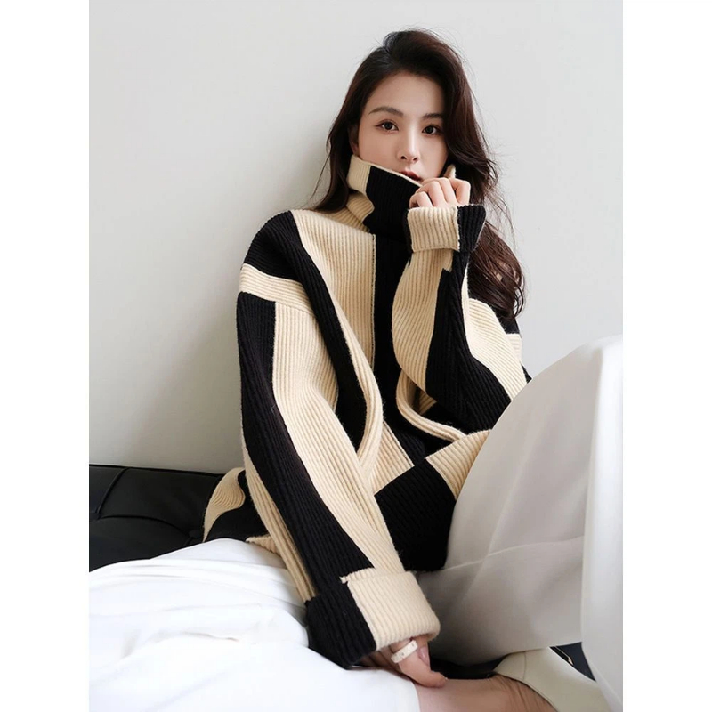 Winter Clothing Korean - Pullover Longgar Bergaris Kontras Gaya Santai