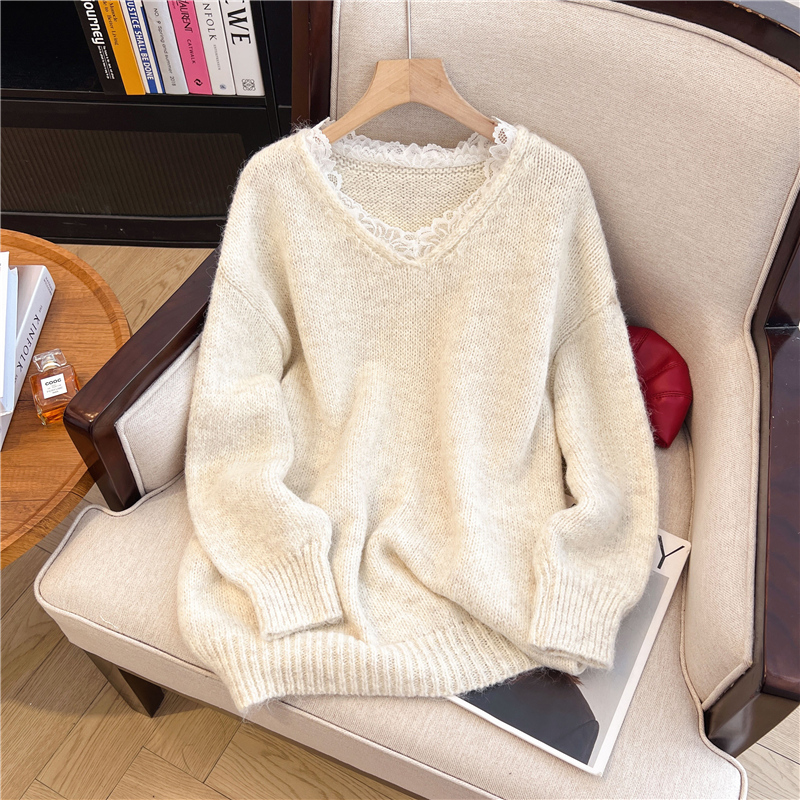 Sweater renda kerah V wanita,  - Winter Clothing Korean ulasan dan harga